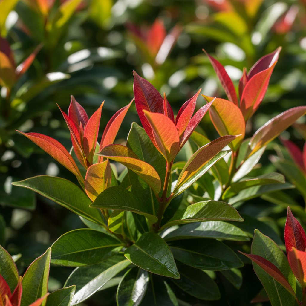 Close-up of Photinia Red Robin vibrant red new growth foliage