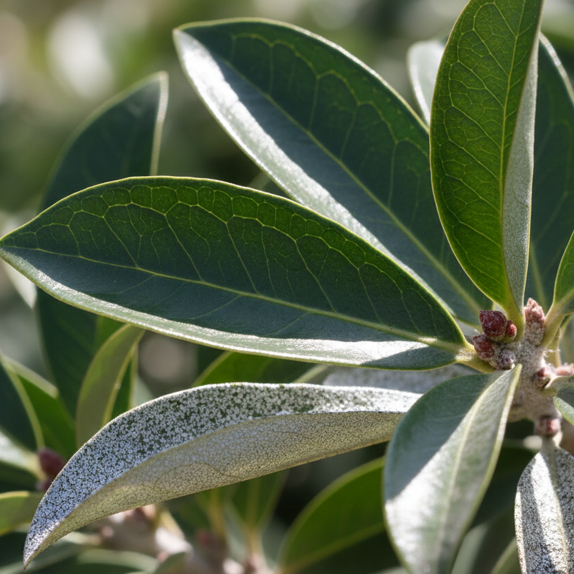 Close-up of Elaeagnus x ebbingei glossy dark green leaves with distinctive silvery undersides