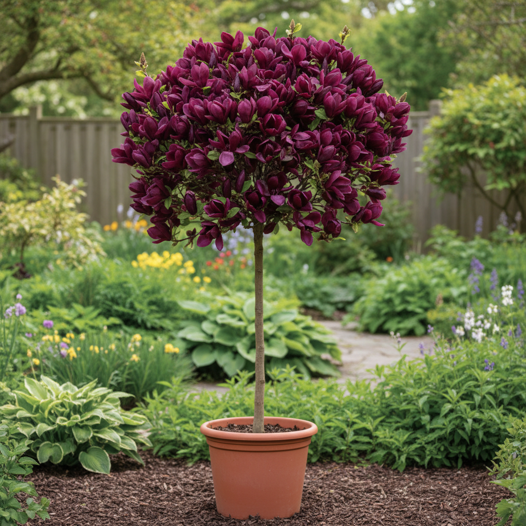 Magnolia 'Black Tulip' half standard tree in full bloom with deep purple-black tulip-shaped flowers