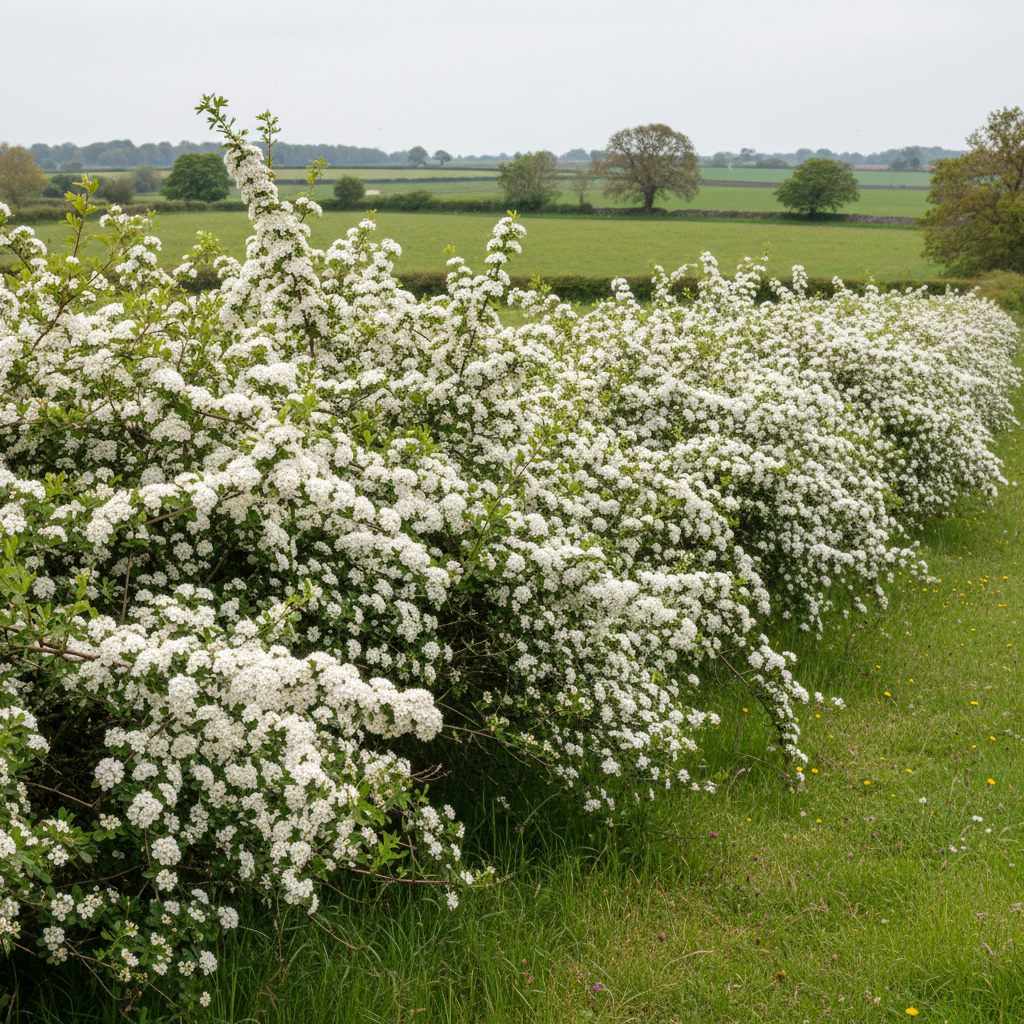 Hawthorn hedge in blossom — bare root hedging planted by Stoneybrook Nursery