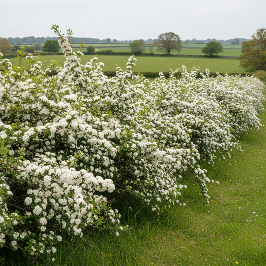Hawthorn hedge in blossom — bare root hedging planted by Stoneybrook Nursery