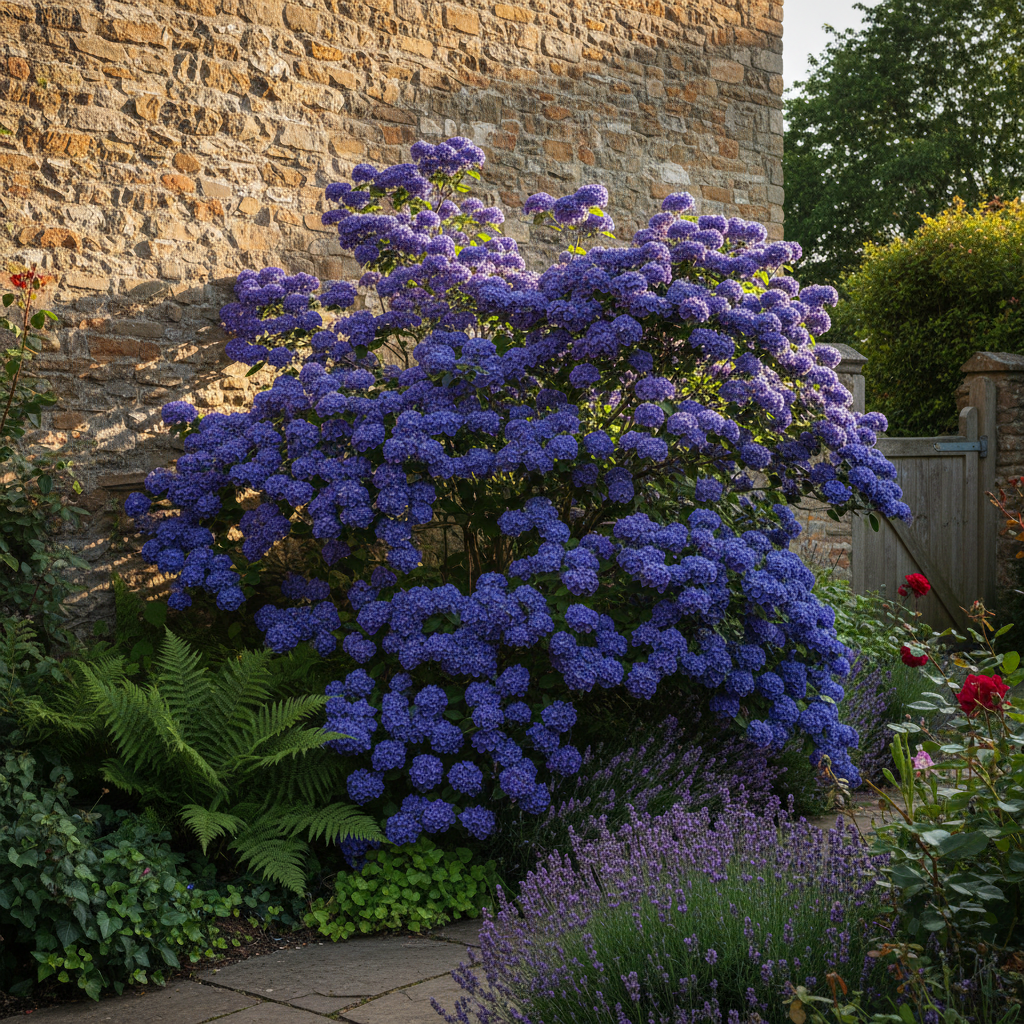 Ceanothus 'Victoria' in full bloom with deep blue flowers against a warm stone wall in a sunny English cottage garden
