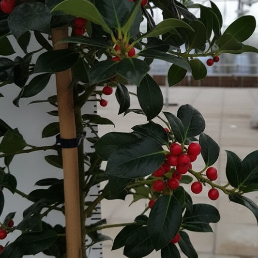 Close-up of Ilex aquifolium JC Van Tol glossy foliage with bright red berries