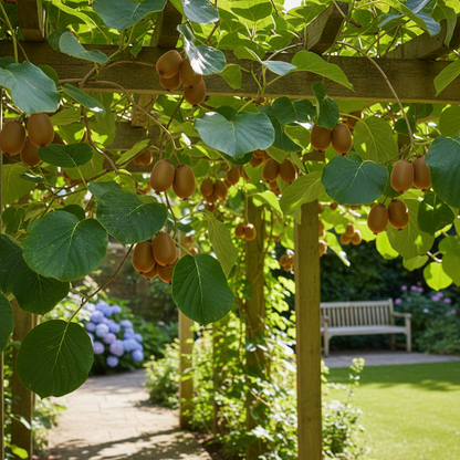 Actinidia chinensis 'Solissimo' self-fertile kiwi climber with fuzzy fruits on a garden pergola