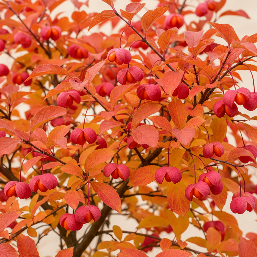 "Euonymus europaeus Red Cascade spindle tree with vibrant red-orange autumn foliage and pink seed capsules"