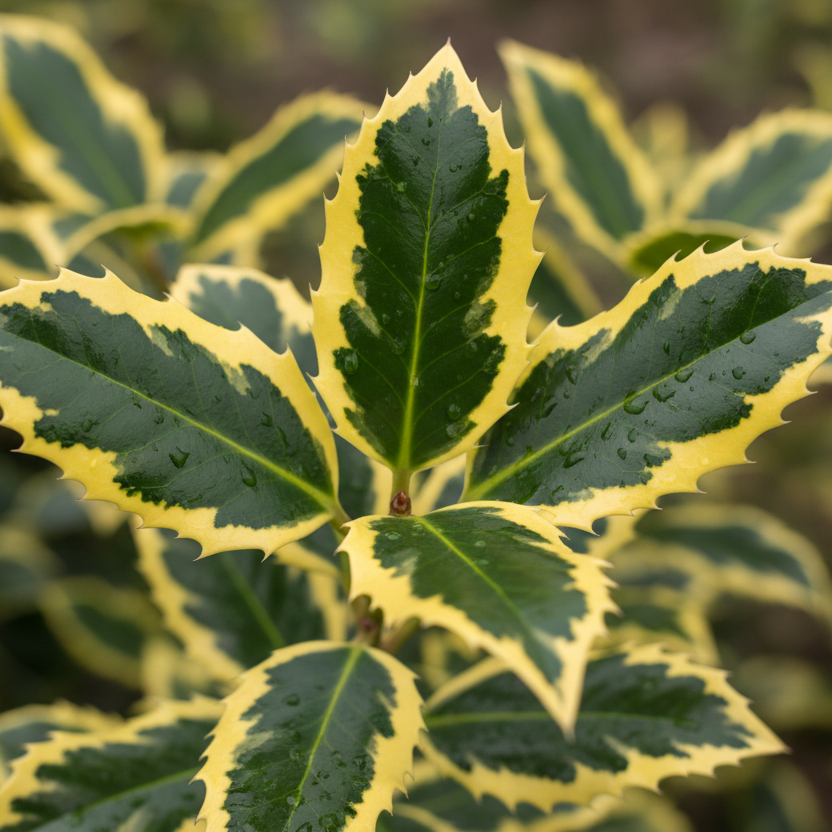 Golden King Holly Leaves Close-up