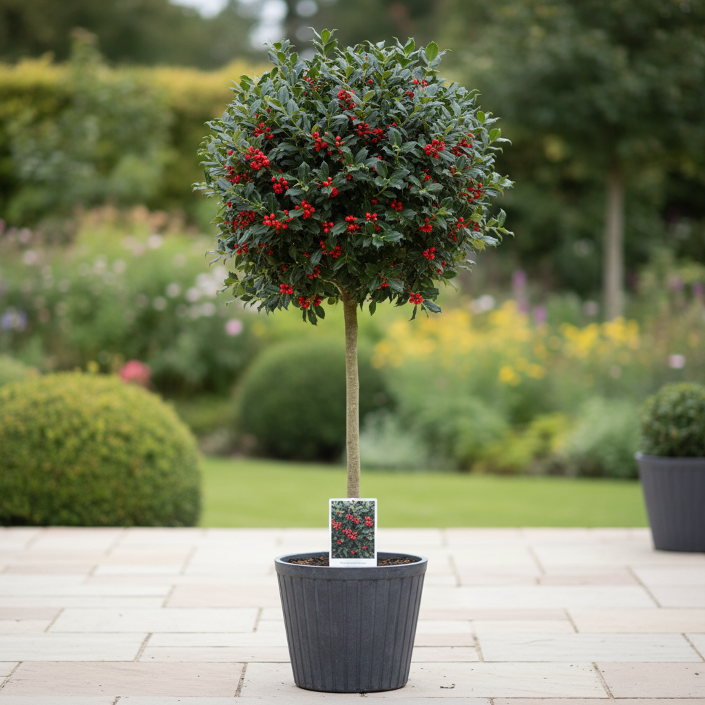 Ilex meserveae Blue Princess Holly Half Standard lollipop tree in nursery pot with red berries
