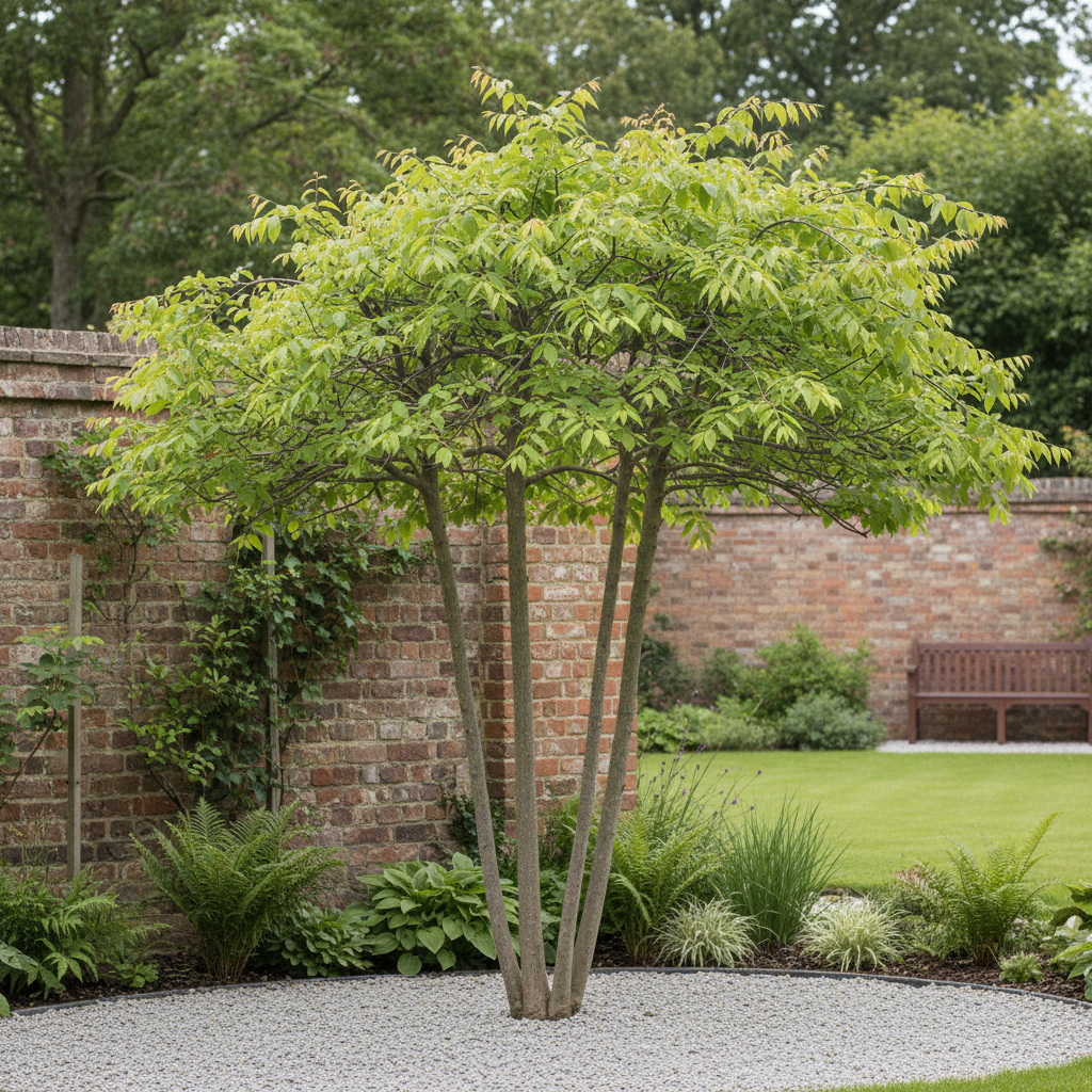 Mature multi-stemmed Amelanchier lamarckii tree showing several slender trunks and an airy canopy