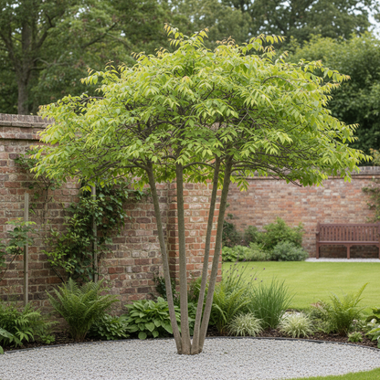 Mature multi-stemmed Amelanchier lamarckii tree showing several slender trunks and an airy canopy