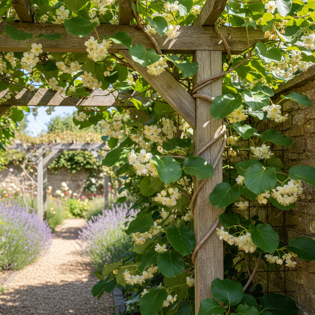 Actinidia chinensis 'Tomuri' male kiwi pollinator climber with flowers on a garden pergola