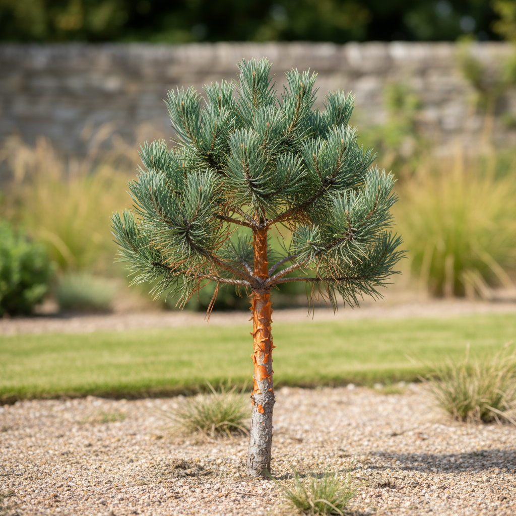 Young Scots Pine (Pinus sylvestris) with blue-green needles and orange-red bark