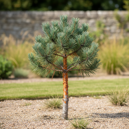 Young Scots Pine (Pinus sylvestris) with blue-green needles and orange-red bark