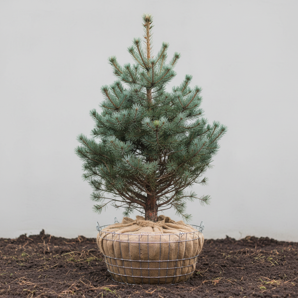 Scots Pine with its rootball wrapped in hessian and secured in a galvanised wire basket