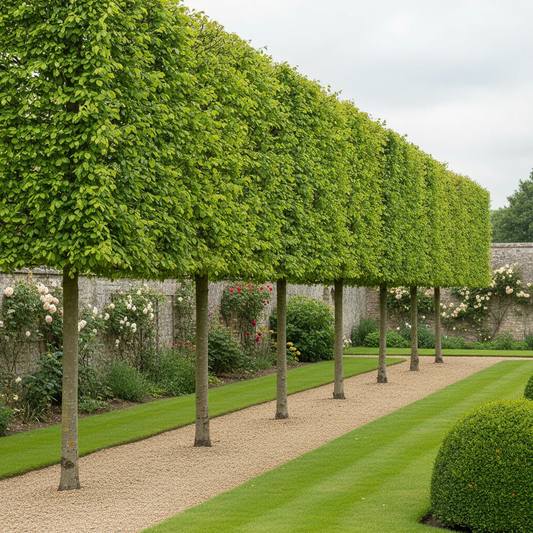 Pleached Carpinus betulus hornbeam tree with flat-topped trained canopy on clear stems in a formal English garden