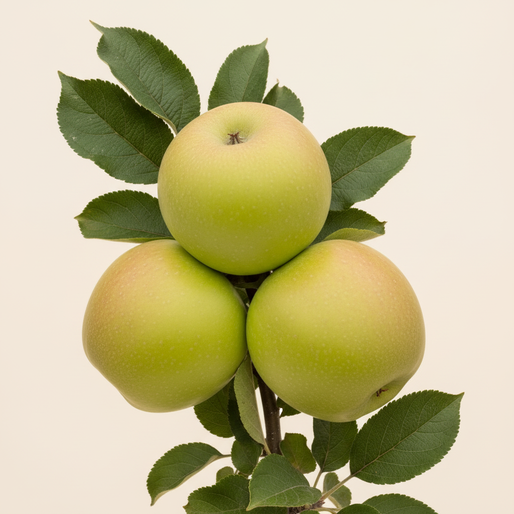 Close-up of large green Bramley cooking apples on healthy green foliage