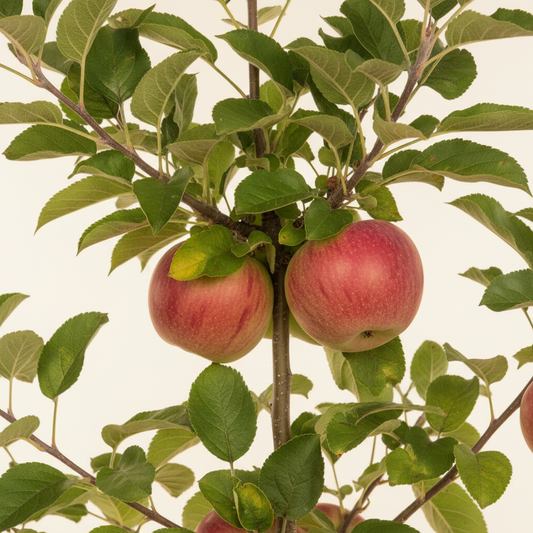 Close-up of ripe red-striped Red Falstaff apples on healthy green foliage