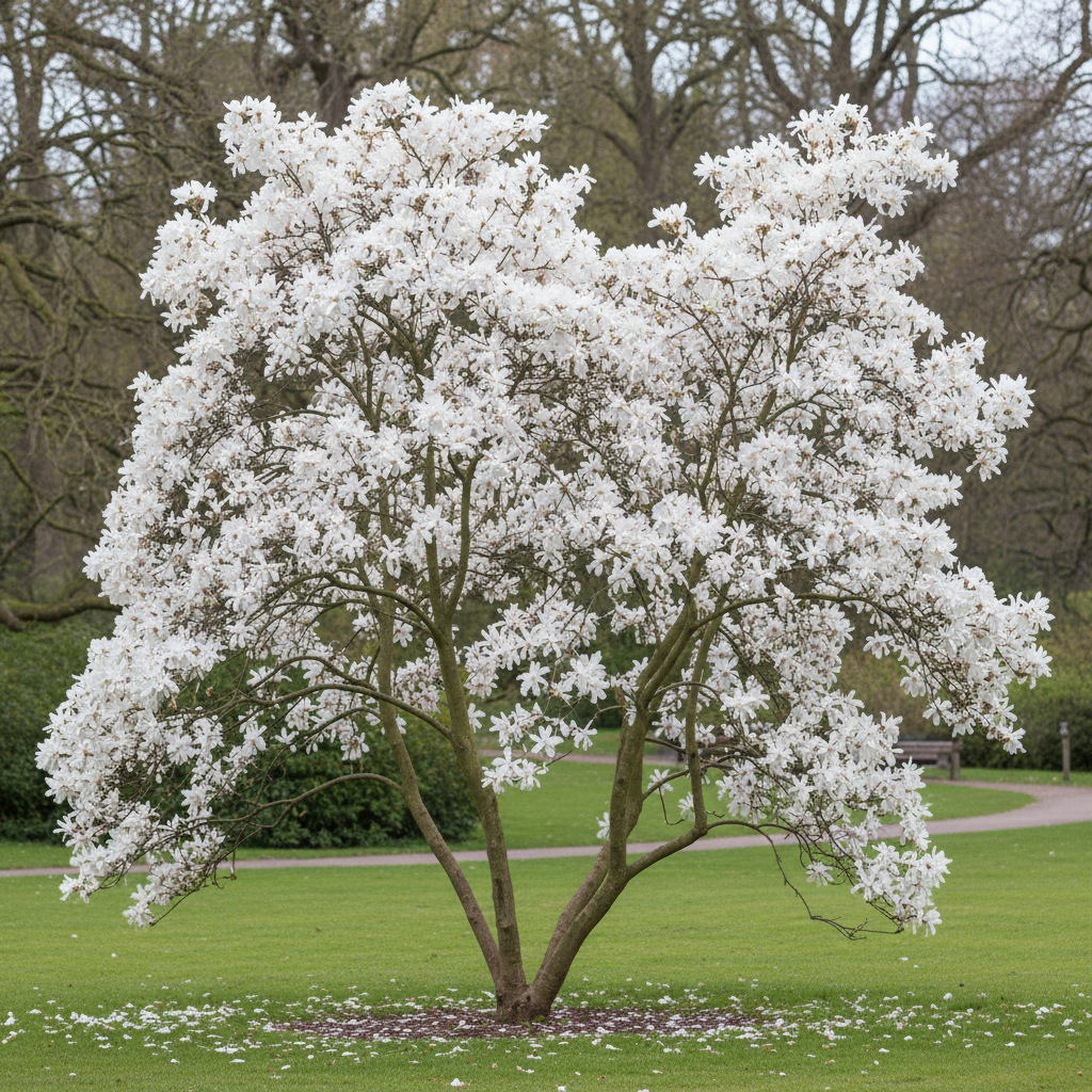 Magnolia loebneri 'Merrill' in full bloom with white star-shaped flowers in a parkland setting