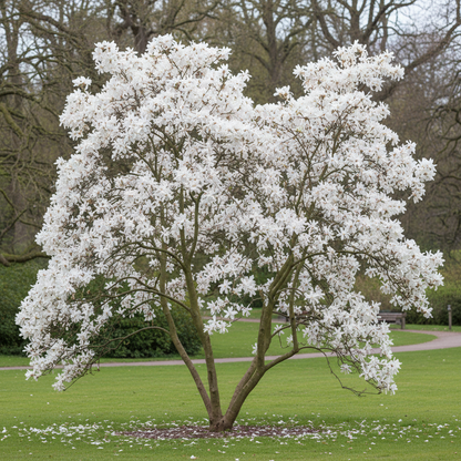 Magnolia loebneri 'Merrill' in full bloom with white star-shaped flowers in a parkland setting