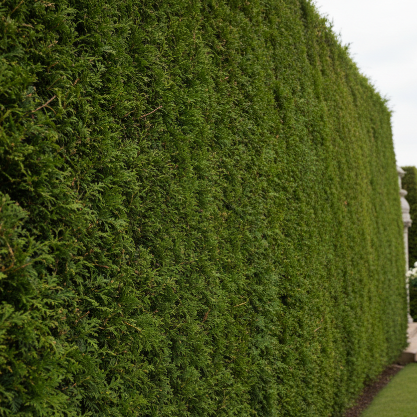 Tall Thuja plicata Atrovirens Western Red Cedar hedge providing elegant privacy screening in a British garden